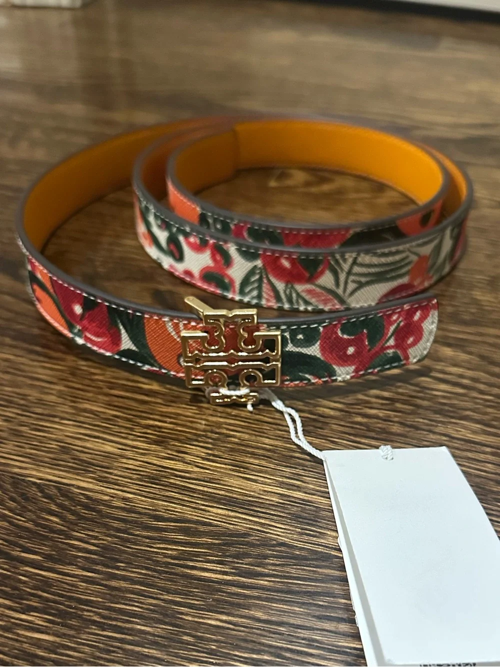 Tory Burch Floral and Fruit Basket Print Leather Reversible Belt